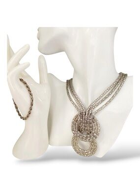 Dark Silver-Tone Multi-Strand Knot Necklace & Bracelet arrangement Layered state